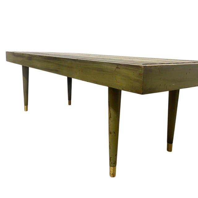 1970s Vintage Mid Century Modern Slatted Wood Bench With Tapered Legs and Brass-Toned Caps For Sale - Image 5 of 9
