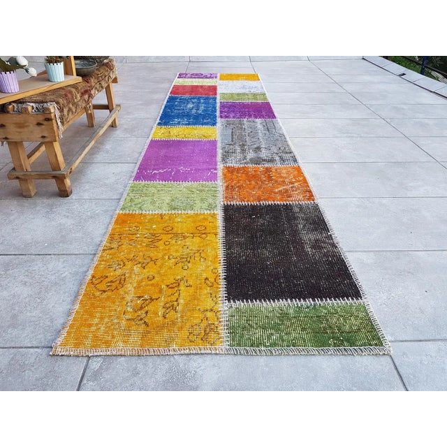 Blue Mid 20th Century Bohemian Handknotted Wool Runner Oushak Turkish Colorful Runner For Sale - Image 8 of 10