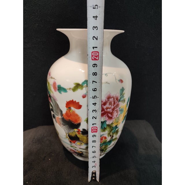 Chinese Ceramic Vase Qianlong Marked Famille Rose Porcelain Vase Hand Painted Cock Pattern For Sale - Image 13 of 14