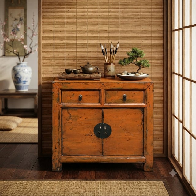 Orange Distressed Vintage Style Weathered Orange Drawers Credenza Cabinet For Sale - Image 8 of 15