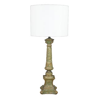 Vintage Gilt Bronze Neoclassical Corinthian Column Table Lamp Verdigris Patina For Sale
