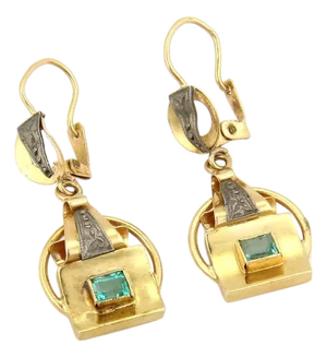 Mid 20th Century Emerald 18k Yellow Gold Drop Dangle Earrings Bezel Set Gemstone