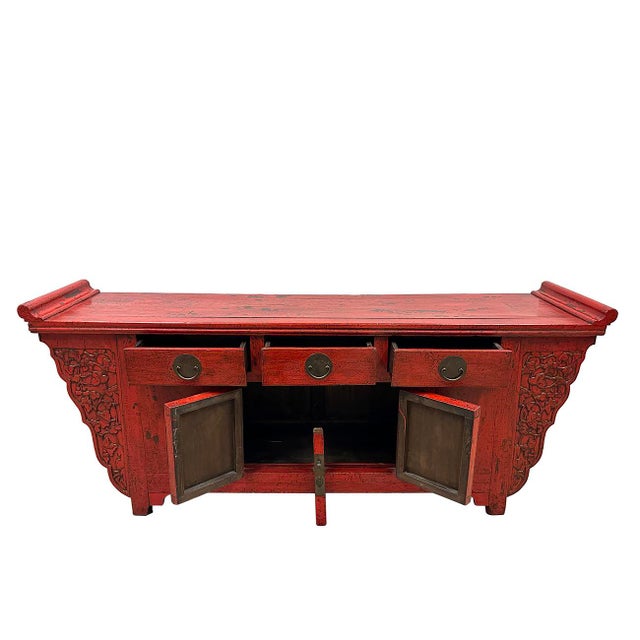 Chinese Early 20th Century Chinese Red Lacquered Altar Cabinet, Buffet Table, Sideboard For Sale - Image 3 of 14