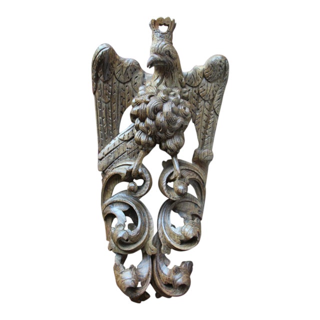 17th Century Antique Portuguese Bird Wearing Crown Wood Figure For Sale