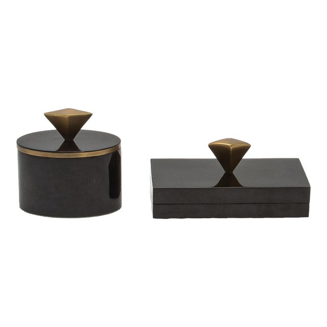 Set of 2 Boxes in Black Shell With Bronze Patina Brass Knob by Kifu Paris For Sale
