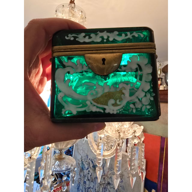 Antique Bohemian Glass Moser Emerald Crystal Jewel Box For Sale - Image 10 of 11