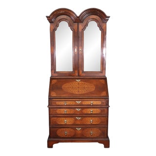 Seaweed Inlaid Walnut Mirrored Tombstone Georgian Secretary Desk Bookcase Top For Sale