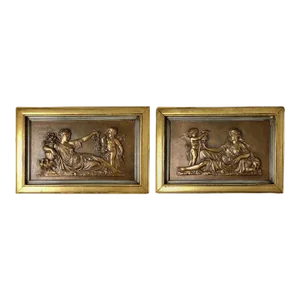 Pair of Early 20th Century Bronze Relief Wall Plaques Framed Woman With Cherub