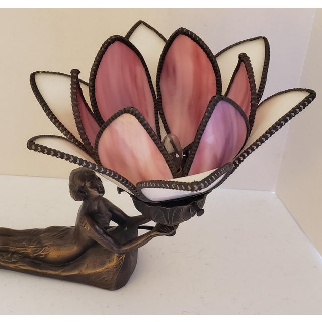 Early 20th Century Art Deco Figural Nude Sculptural Bronze Lotus Lamp For Sale In Phoenix - Image 6 of 10