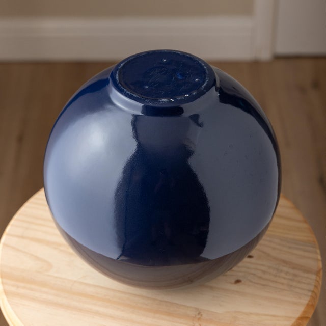 Navy Blue Vintage 1980s Postmodern Navy Blue Glazed Ceramic Sphere Vase For Sale - Image 8 of 9
