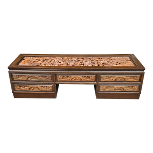 South East Asian Hand-Carved Five-Drawer Coffee Table With Glass Top Inset