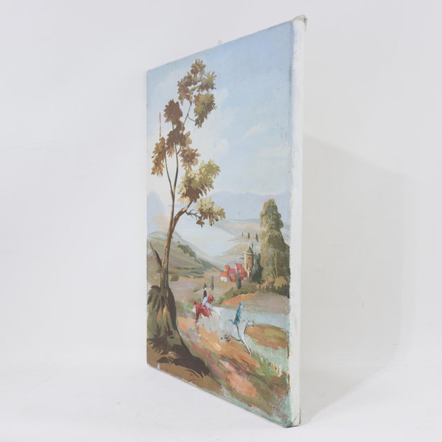 This charming vintage landscape painting captures two horseback riders galloping through a vibrant countryside, framed by...