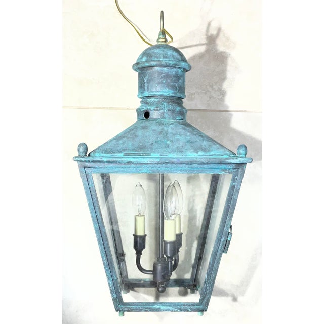 Vintage Solid Copper and Brass Hanging Lantern / 12”x 12”x 23” High For Sale - Image 12 of 17