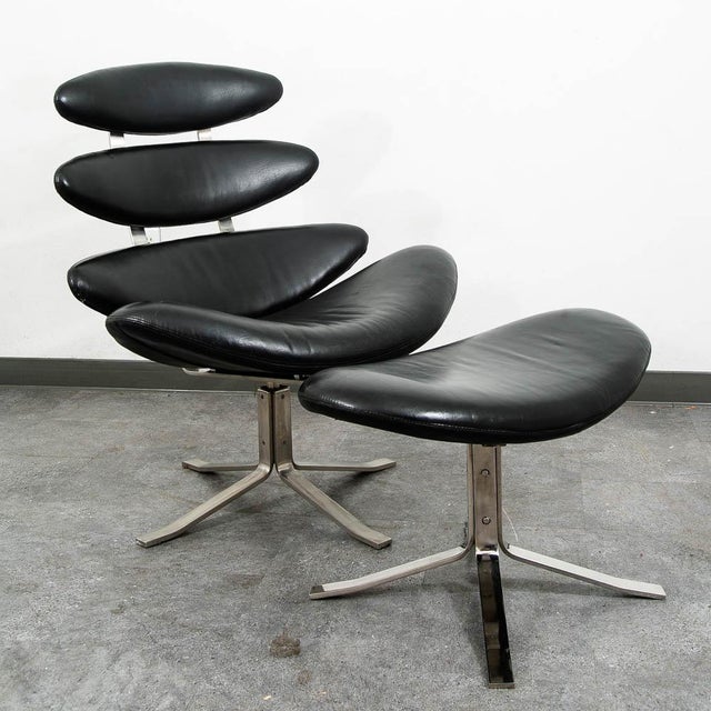 Mid Century Danish Modern Lounge Chairs Corona Set of 2 Black Chrome Ottoman MCM For Sale In Sacramento - Image 6 of 11