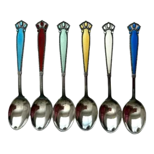 Vintage n.m. Thune Norway Demitasse Sterling Silver and Enamel Spoons- Set of 6