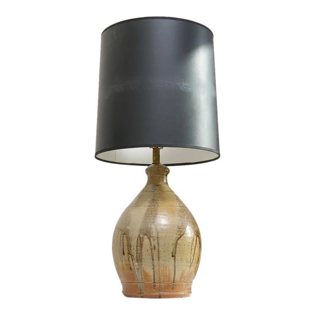 Vintage Boho Chic Drip Glaze Table Lamp With Black Shade For Sale
