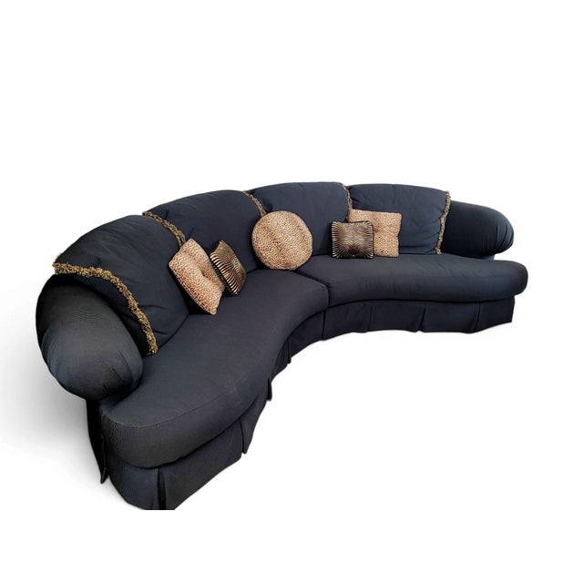 1980s Postmodern Serpentine Curved Two-Piece Sectional Sofa, Ribbed Black Upholstery For Sale - Image 16 of 17