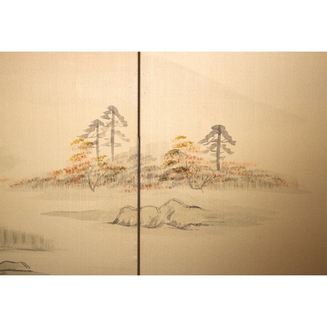 1960s Shōwa Era Japanese Silk Byobu Screen "Mountain Landscape With Houses" For Sale - Image 11 of 17