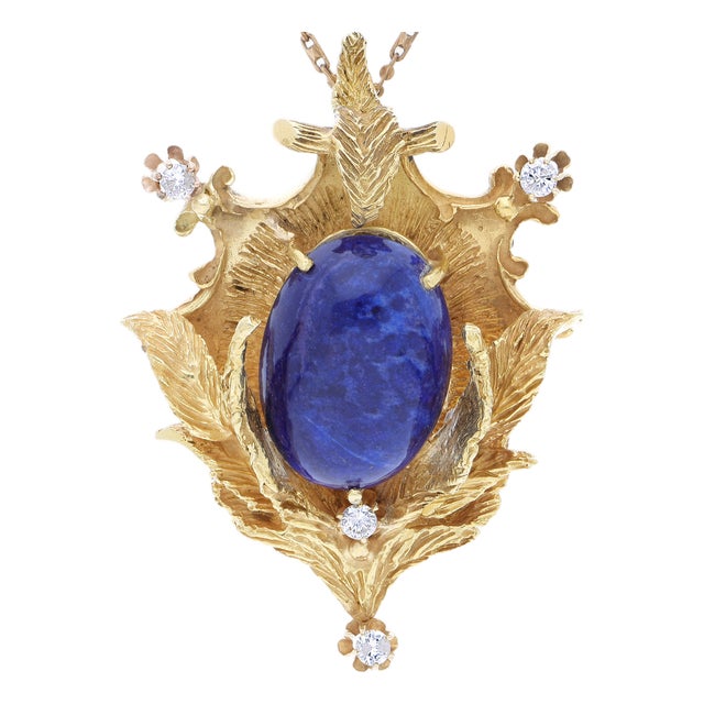 1940s Art Deco Lapis Lazuli and Diamond 18k Yellow Gold Brooch Pendant For Sale