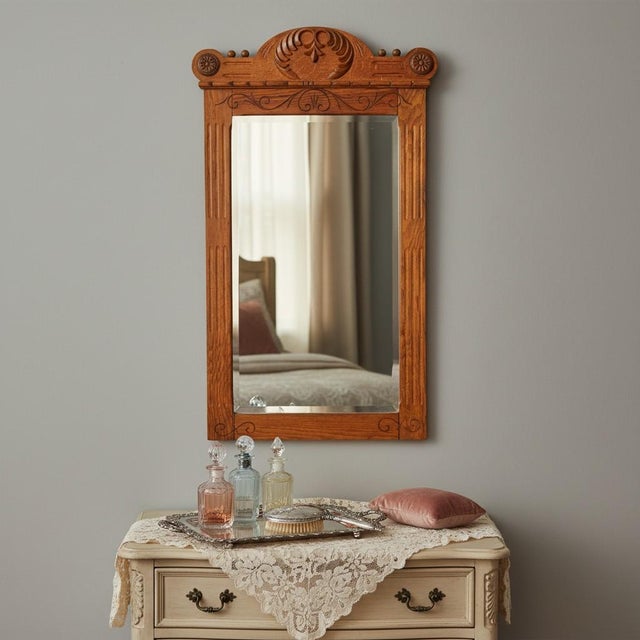 Brown Antique Eastlake Oak Wall Mirror-Carved Crest-1890s-Victorian Hall-Vintage-Entry For Sale - Image 8 of 11