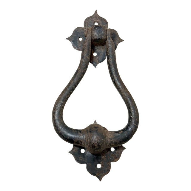 Antique Arts and Crafts Solid Heavy Wrought Iron Hammered Front Door Knocker For Sale