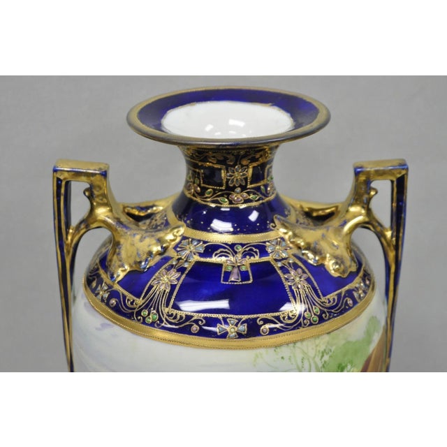 Early 20th Century Antique Nippon Hand Painted Cobalt Blue Porcelain Twin Handle Bolted Urn Vase For Sale - Image 5 of 18