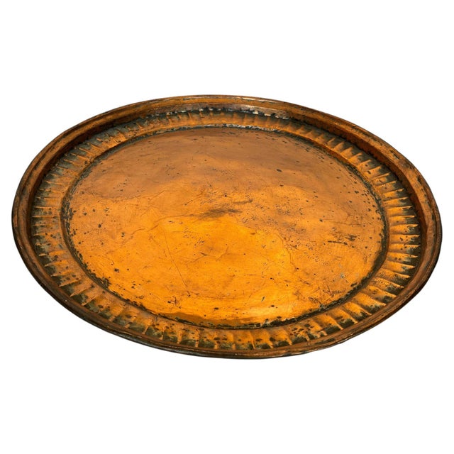 Large Antique Hand-Hammered Copper Tray with Fluted Border, 22 Inch For Sale In Palm Springs - Image 6 of 17