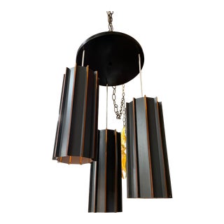 1970s Tall Metal Three Light Pendant Chandelier For Sale