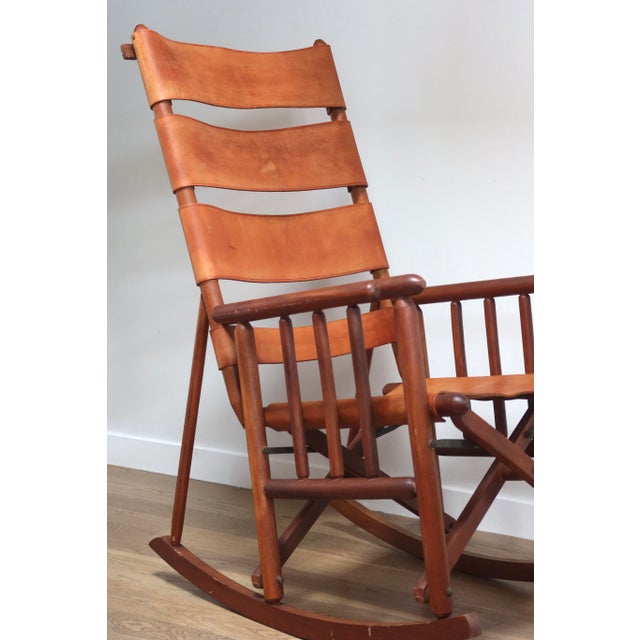 Mid-Century Modern Mid-Century Modern Costa Rican Leather Campaign Folding Rocking Chair For Sale - Image 3 of 7