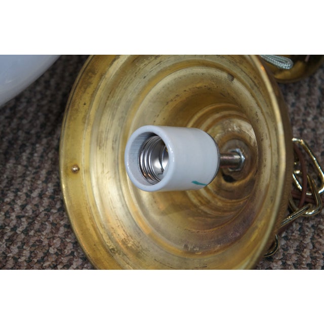 Vintage Brass Milk Glass Schoolhouse Hanging Pendant Swag Light Chandelier For Sale - Image 11 of 12