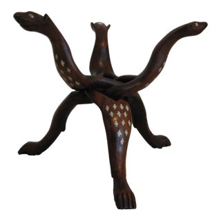Exceptional 1930s Hand‑Carved Rosewood Snake Tripod Stand W/Bone Inlay For Sale