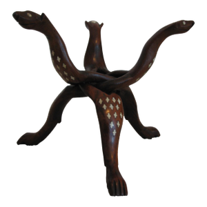 Exceptional 1930s Hand‑Carved Rosewood Snake Tripod Stand W/Bone Inlay