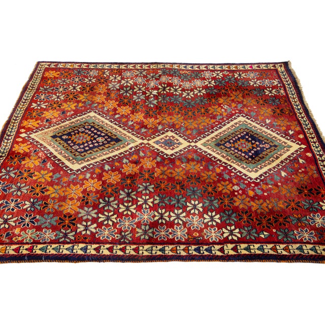 Red Vintage Handmade Shiraz Wool Scatter Rug in Red With Allover Floral Design For Sale - Image 8 of 8