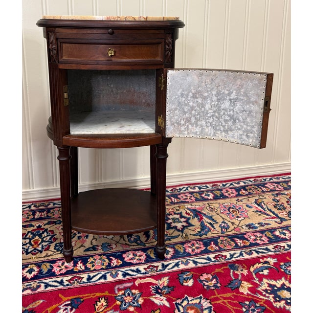 1930s Antique Pair French Louis XVI Style Marble Top NIghtstands End Tables c.1920s-30 For Sale - Image 5 of 18