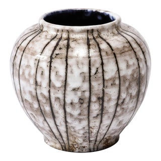 Mid-Century Modernist White and Earth Toned Ceramic Vase With Bowed Line Work For Sale