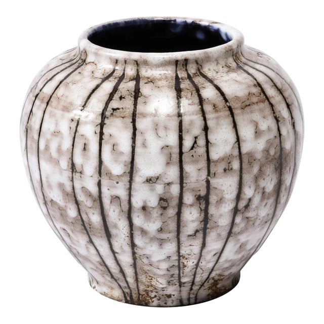 Mid-Century Modernist White and Earth Toned Ceramic Vase With Bowed Line Work For Sale