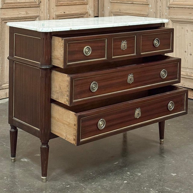 Antique French Louis XVI Mahogany Commode With Carrara Marble For Sale - Image 12 of 15