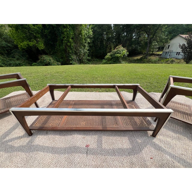 1960s Mid Century Modern Walnut Chrome & Cane Smoked Glass Coffee Table Set of 3 For Sale - Image 9 of 12