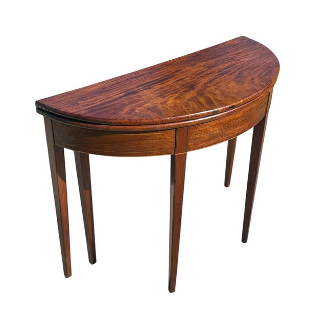 Antique George III Era Mahogany & Satinwood Inlaid DemiLune Console Game Table For Sale - Image 4 of 12