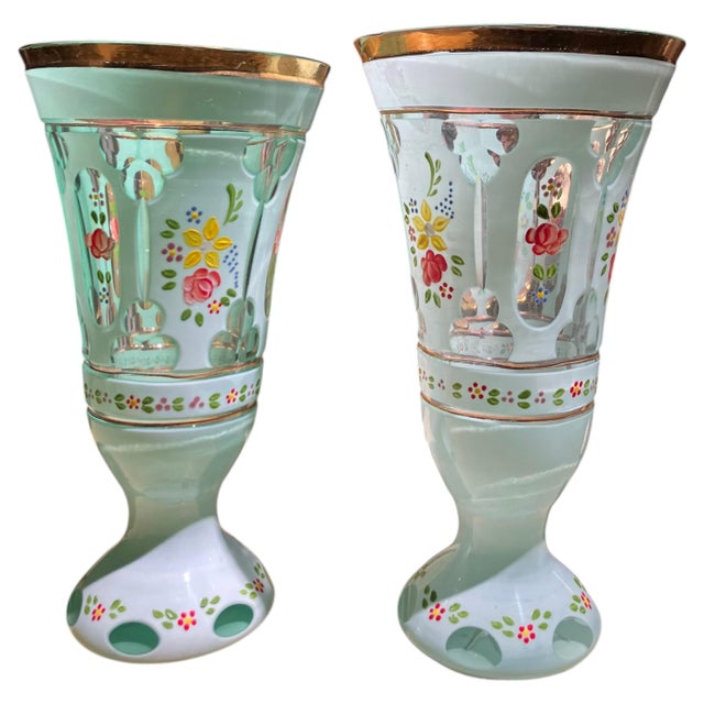 Aqua Antique Bohemian Blue Opaline Glass Goblets with Gilt Rim and Florals, Set of 2 For Sale - Image 8 of 8
