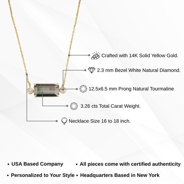 East-West Green Tourmaline & Diamond Pendant Necklace, 3.26ct in 14k Yellow Gold For Sale - Image 12 of 16