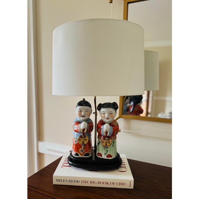 Vintage Chinoiserie Porcelain Figurine Lamp- On a Wooden Lamp Base For Sale - Image 6 of 8