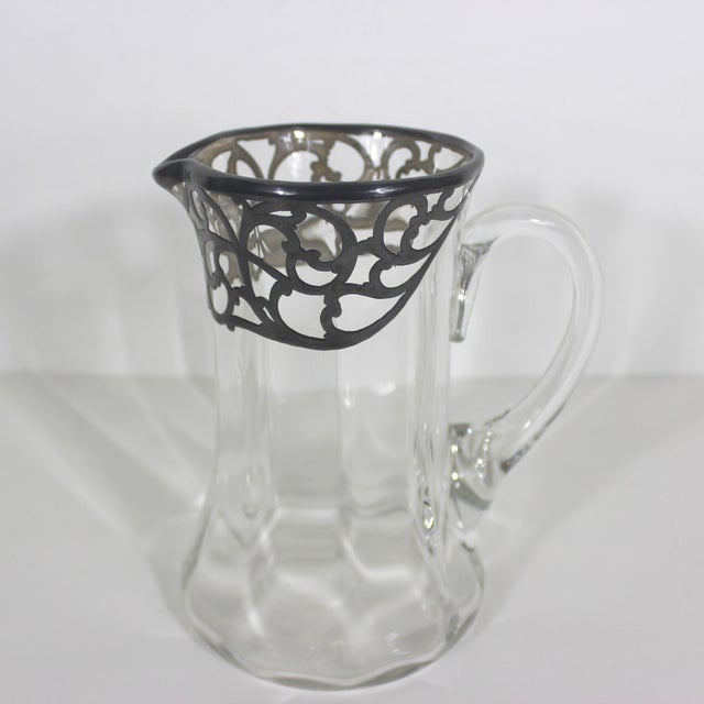 Silver 1920s Art Nouveau Glass Pitcher With Silver Overlay Bar Cocktail Pitcher Silver Rim For Sale - Image 8 of 10
