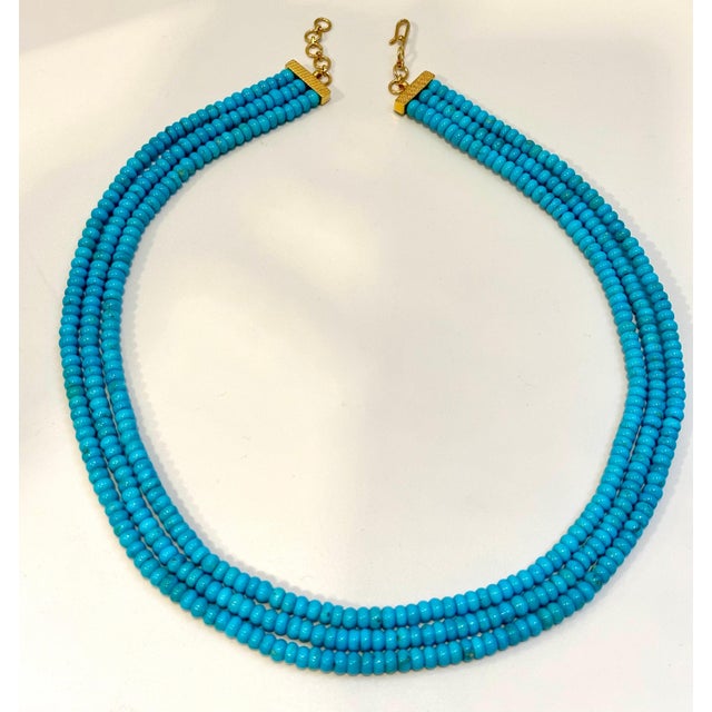 Blue 345 Carat Natural Sleeping Beauty Turquoise Necklace, Four Strand 14 Karat Gold For Sale - Image 8 of 8