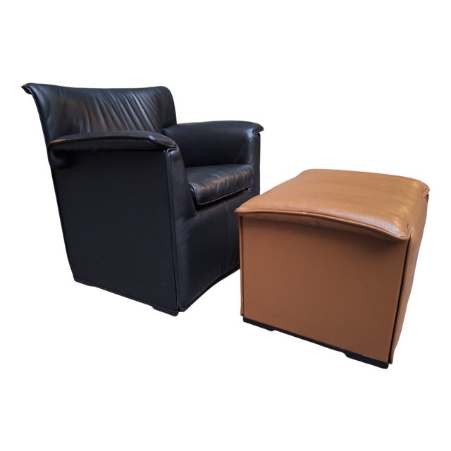 Set of Armchair with Pouf Lauriana Model in Black Leather by Tobia Scarpa Caramel for B&B, 1970s For Sale