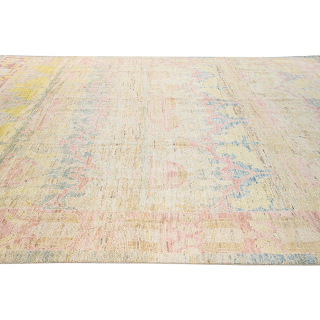 Modern Oushak Handmade Beige Floral Designed Wool Rug For Sale In New York - Image 6 of 10