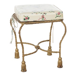 Mid 20th Century Hollywood Regency Brass Tassel & Rope Form Upholstered Vanity Stool For Sale