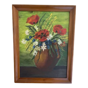 Circa 1950s Original Oil Painting of Red Poppies in a Vase