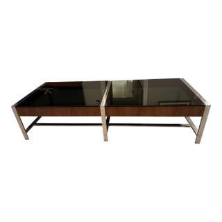 Mid-Century Modern Chrome & Smoked Glass Coffee Table With Walnut Detail, 1960s–70s For Sale