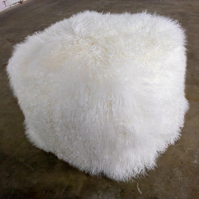 Modern Late 20th to Early 21st Century Modern Square Ottoman or Pouf With White Mongolian Sheepskin For Sale - Image 3 of 18